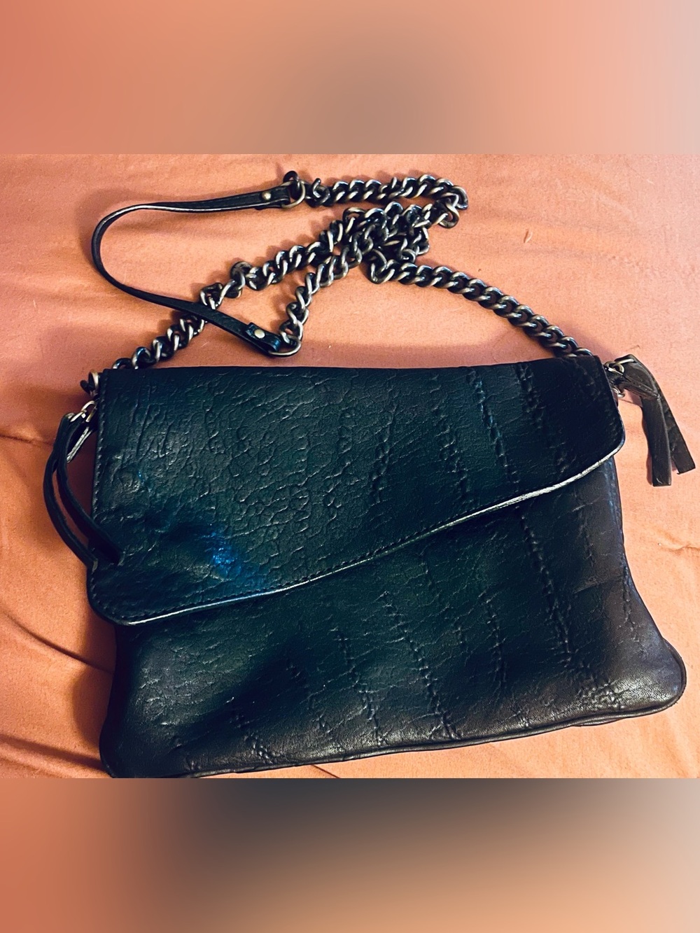 Italian leather Textured Black Chain-Strap Crossbody Bag
